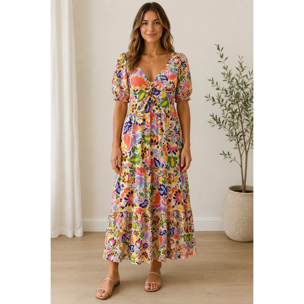 FatFace Floral Cotton Maxi Dress Multi Color Boho Cottagecore Tiered Smocked 12R